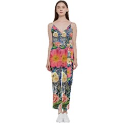 Captivating Watercolor Flowers V-neck Spaghetti Strap Tie Front Jumpsuit by GardenOfOphir