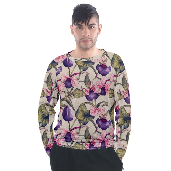 Flowers Pattern Decorative Wallpaper Scrapbooking Men s Long Sleeve Raglan Tee