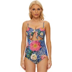 Captivating Watercolor Flowers Knot Front One-piece Swimsuit by GardenOfOphir