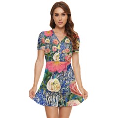 Captivating Watercolor Flowers V-neck High Waist Chiffon Mini Dress by GardenOfOphir