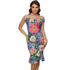 Captivating Watercolor Flowers Off Shoulder Ruffle Split Hem Bodycon Dress by GardenOfOphir