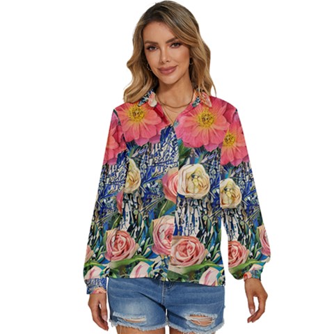 Captivating Watercolor Flowers Women s Long Sleeve Button Down Shirt by GardenOfOphir