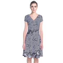 Fractal Background Pattern Texture Abstract Design Silver Short Sleeve Front Wrap Dress by Ravend