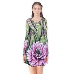 Sumptuous Watercolor Flowers Long Sleeve V-neck Flare Dress by GardenOfOphir