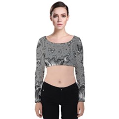 Fractal Background Pattern Texture Abstract Design Silver Velvet Long Sleeve Crop Top by Ravend