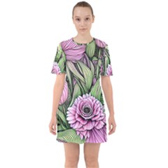 Sumptuous Watercolor Flowers Sixties Short Sleeve Mini Dress by GardenOfOphir