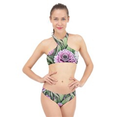 Sumptuous Watercolor Flowers High Neck Bikini Set by GardenOfOphir