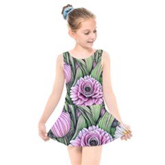 Sumptuous Watercolor Flowers Kids  Skater Dress Swimsuit by GardenOfOphir