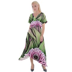 Sumptuous Watercolor Flowers Cross Front Sharkbite Hem Maxi Dress by GardenOfOphir