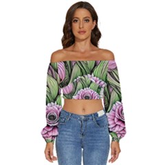 Sumptuous Watercolor Flowers Long Sleeve Crinkled Weave Crop Top by GardenOfOphir