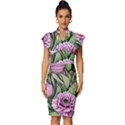 Sumptuous Watercolor Flowers Vintage Frill Sleeve V-Neck Bodycon Dress View1