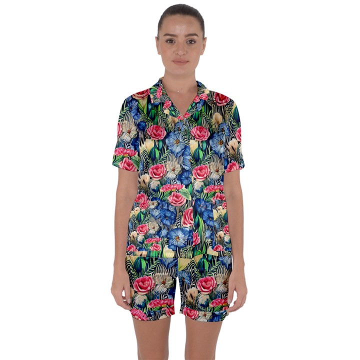 Exquisite Watercolor Flowers Satin Short Sleeve Pajamas Set