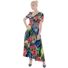 Exquisite Watercolor Flowers Button Up Short Sleeve Maxi Dress by GardenOfOphir