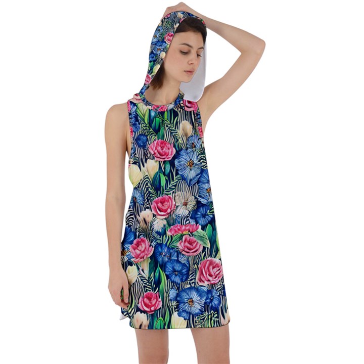 Exquisite Watercolor Flowers Racer Back Hoodie Dress