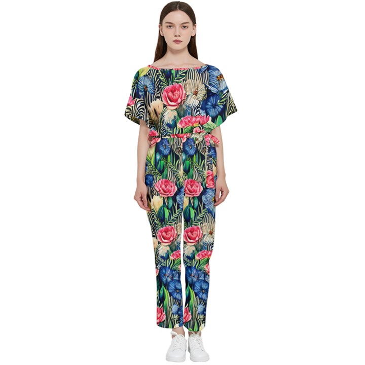 Exquisite Watercolor Flowers Batwing Lightweight Chiffon Jumpsuit