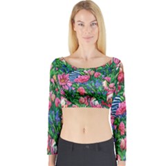 Dazzling Watercolor Flowers Long Sleeve Crop Top by GardenOfOphir