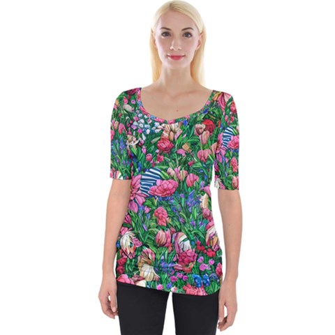 Dazzling Watercolor Flowers Wide Neckline Tee by GardenOfOphir