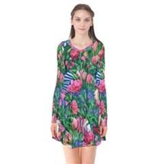 Dazzling Watercolor Flowers Long Sleeve V-neck Flare Dress by GardenOfOphir