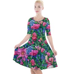 Dazzling Watercolor Flowers Quarter Sleeve A-line Dress by GardenOfOphir