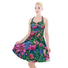 Dazzling Watercolor Flowers Halter Party Swing Dress  by GardenOfOphir