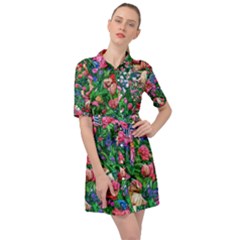 Dazzling Watercolor Flowers Belted Shirt Dress by GardenOfOphir