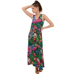 Dazzling Watercolor Flowers V-neck Chiffon Maxi Dress by GardenOfOphir