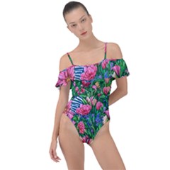 Dazzling Watercolor Flowers Frill Detail One Piece Swimsuit by GardenOfOphir