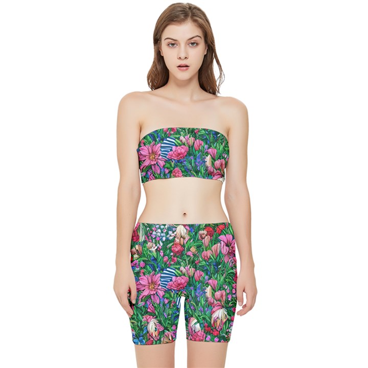 Dazzling Watercolor Flowers Stretch Shorts and Tube Top Set