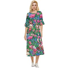 Dazzling Watercolor Flowers Double Cuff Midi Dress by GardenOfOphir