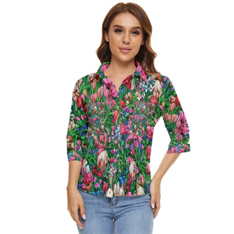 Dazzling Watercolor Flowers Women s Quarter Sleeve Pocket Shirt by GardenOfOphir