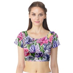 Majestic Watercolor Flowers Short Sleeve Crop Top by GardenOfOphir