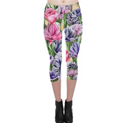 Majestic Watercolor Flowers Capri Leggings  by GardenOfOphir