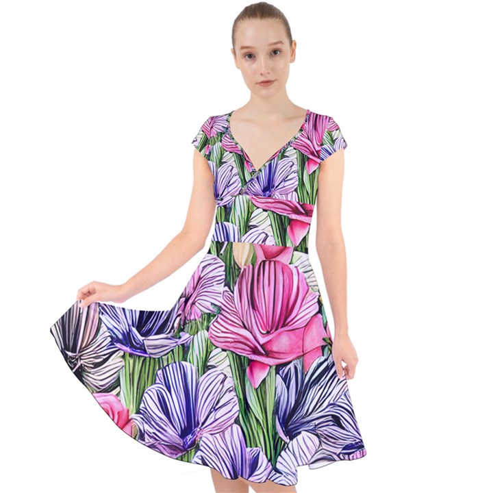 Majestic Watercolor Flowers Cap Sleeve Front Wrap Midi Dress