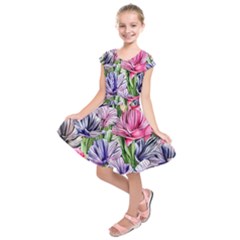 Majestic Watercolor Flowers Kids  Short Sleeve Dress by GardenOfOphir