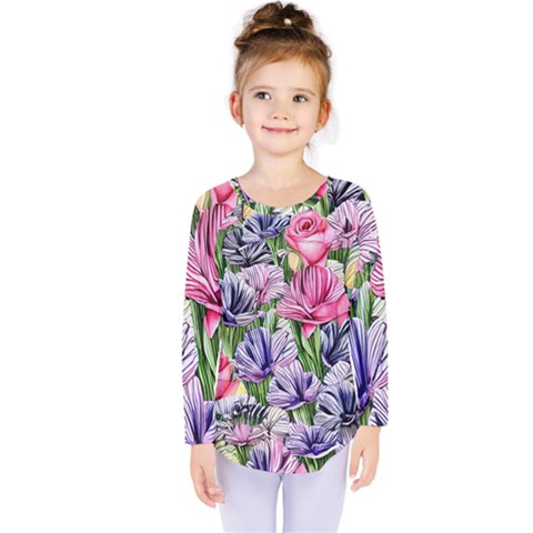 Majestic Watercolor Flowers Kids  Long Sleeve Tee by GardenOfOphir