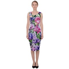 Majestic Watercolor Flowers Sleeveless Pencil Dress by GardenOfOphir