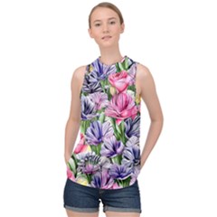 Majestic Watercolor Flowers High Neck Satin Top by GardenOfOphir