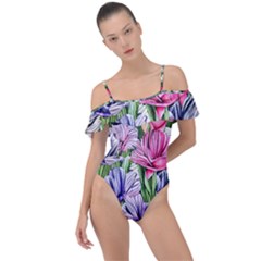 Majestic Watercolor Flowers Frill Detail One Piece Swimsuit by GardenOfOphir