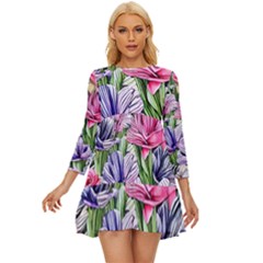 Majestic Watercolor Flowers Long Sleeve Babydoll Dress by GardenOfOphir