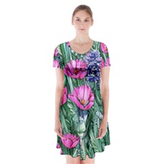 Cherished Watercolor Flowers Short Sleeve V-neck Flare Dress by GardenOfOphir