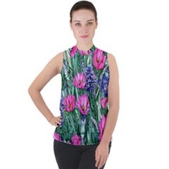 Cherished Watercolor Flowers Mock Neck Chiffon Sleeveless Top by GardenOfOphir