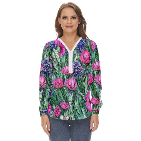 Cherished Watercolor Flowers Zip Up Long Sleeve Blouse by GardenOfOphir