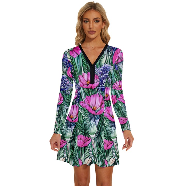 Cherished Watercolor Flowers Long Sleeve Deep V Mini Dress 