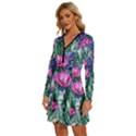 Cherished Watercolor Flowers Long Sleeve Deep V Mini Dress  View2