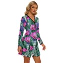 Cherished Watercolor Flowers Long Sleeve Deep V Mini Dress  View3