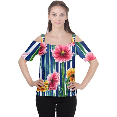 Charming And Cheerful Watercolor Flowers Cutout Shoulder Tee by GardenOfOphir