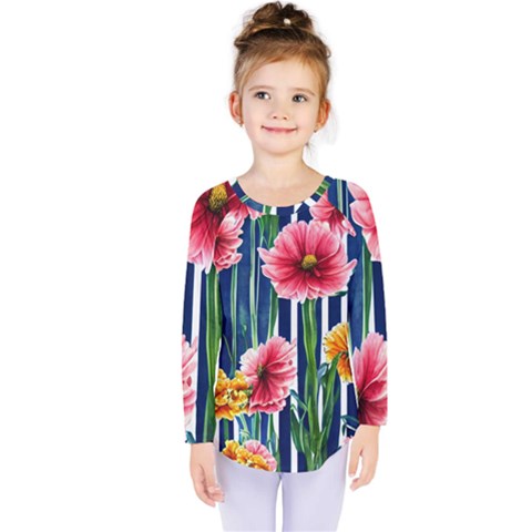 Charming And Cheerful Watercolor Flowers Kids  Long Sleeve Tee by GardenOfOphir