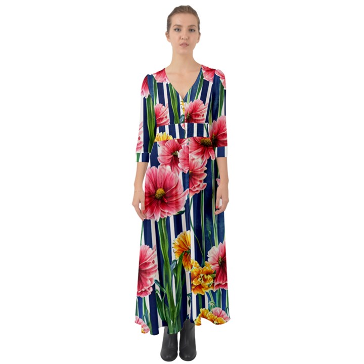 Charming And Cheerful Watercolor Flowers Button Up Boho Maxi Dress