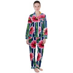 Charming And Cheerful Watercolor Flowers Women s Long Sleeve Satin Pajamas Set	