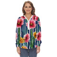 Charming And Cheerful Watercolor Flowers Zip Up Long Sleeve Blouse